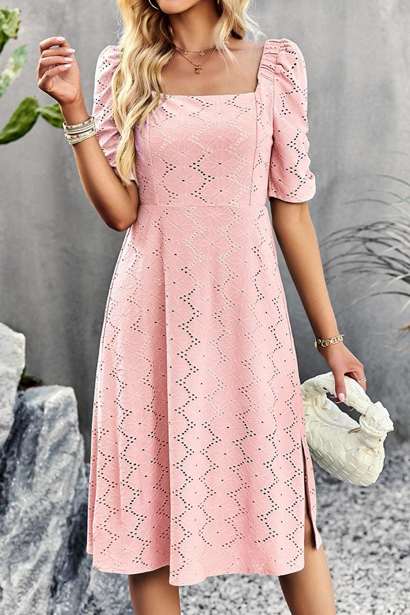 SQUARE NECK PUNCHING DETAILED CASUAL DRESS - Doublju