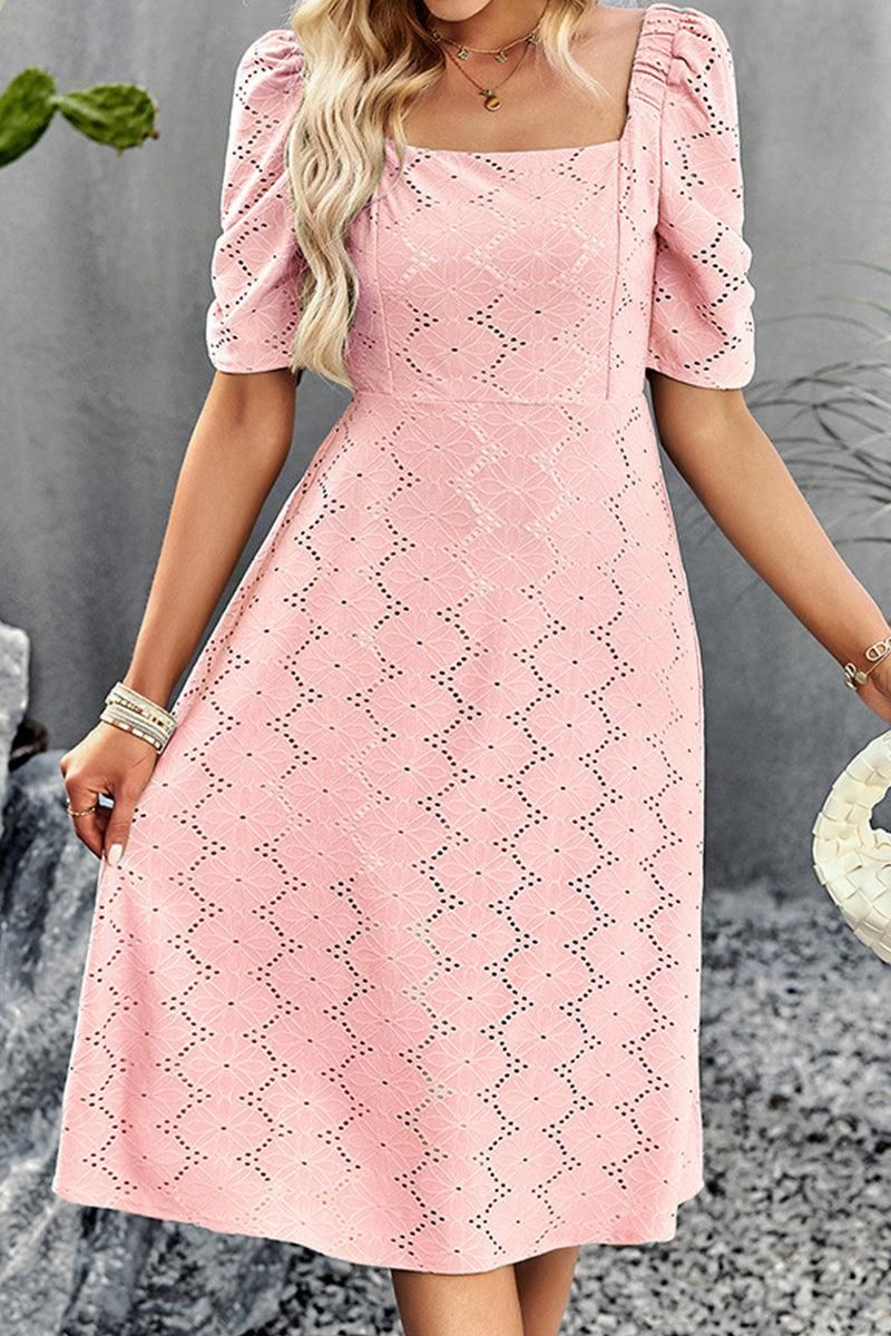 SQUARE NECK PUNCHING DETAILED CASUAL DRESS - Doublju