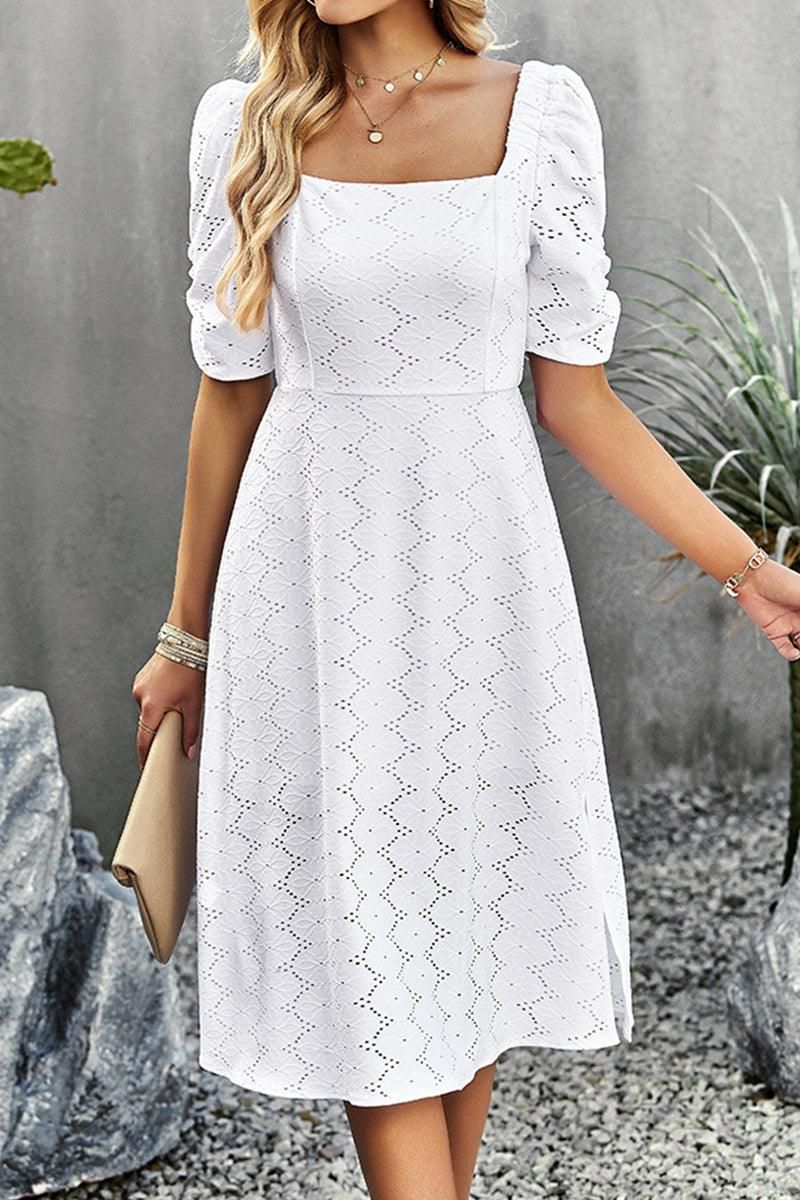 SQUARE NECK PUNCHING DETAILED CASUAL DRESS - Doublju