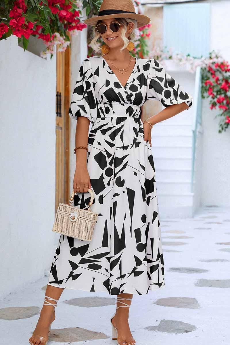 SHAPE PATTERN V NECK TIGHTEN WAIST PUFF DRESS - Doublju