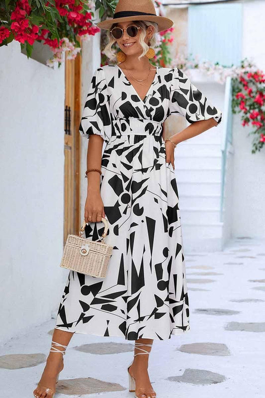 SHAPE PATTERN V NECK TIGHTEN WAIST PUFF DRESS - Doublju
