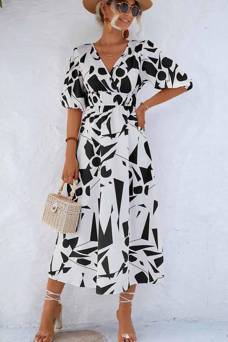 SHAPE PATTERN V NECK TIGHTEN WAIST PUFF DRESS - Doublju