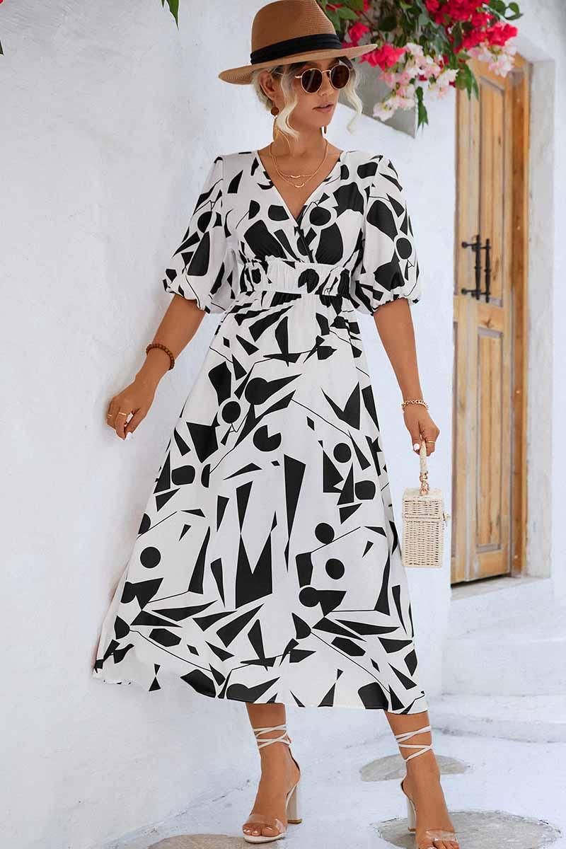 SHAPE PATTERN V NECK TIGHTEN WAIST PUFF DRESS - Doublju