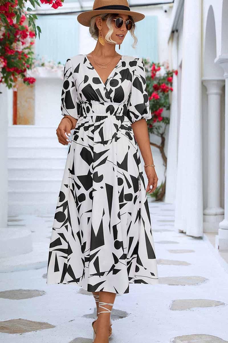 SHAPE PATTERN V NECK TIGHTEN WAIST PUFF DRESS - Doublju