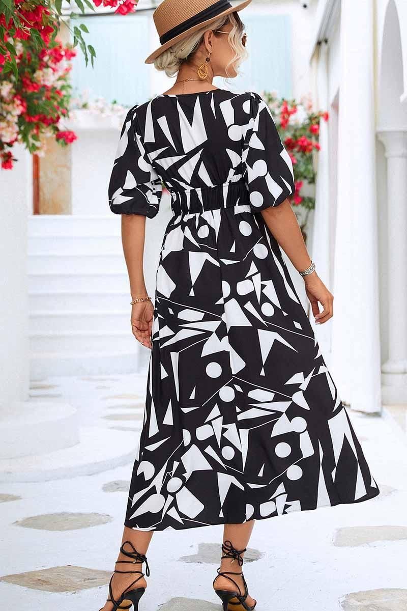 SHAPE PATTERN V NECK TIGHTEN WAIST PUFF DRESS - Doublju