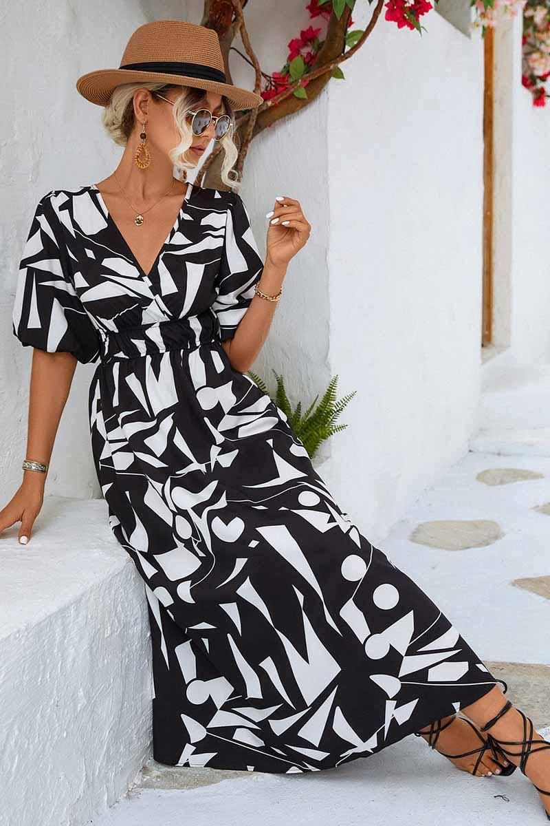 SHAPE PATTERN V NECK TIGHTEN WAIST PUFF DRESS - Doublju