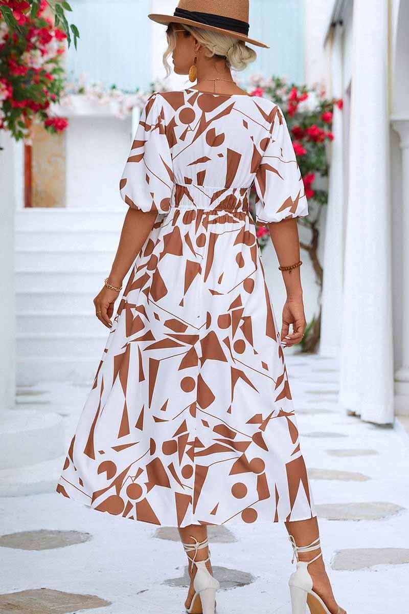 SHAPE PATTERN V NECK TIGHTEN WAIST PUFF DRESS - Doublju