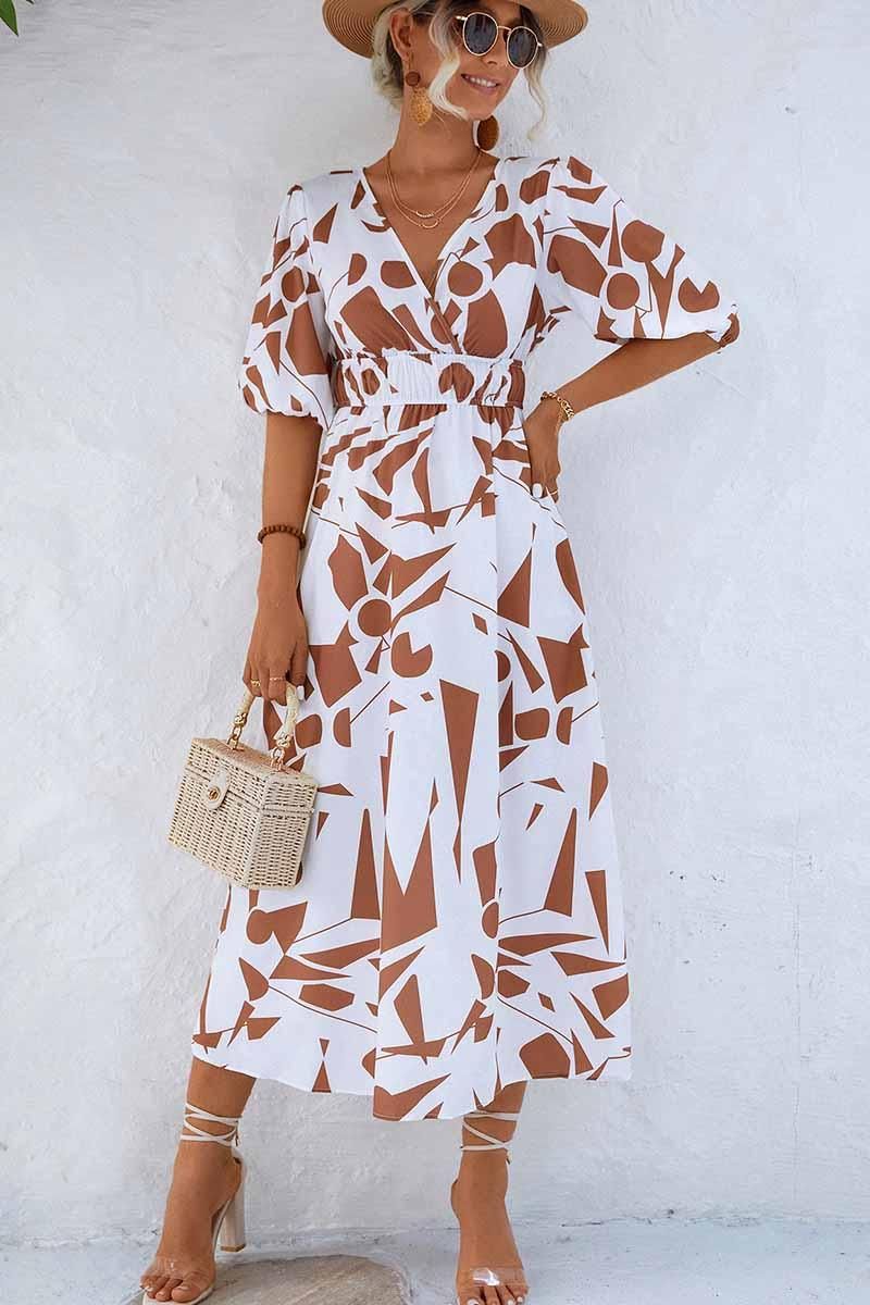 SHAPE PATTERN V NECK TIGHTEN WAIST PUFF DRESS - Doublju