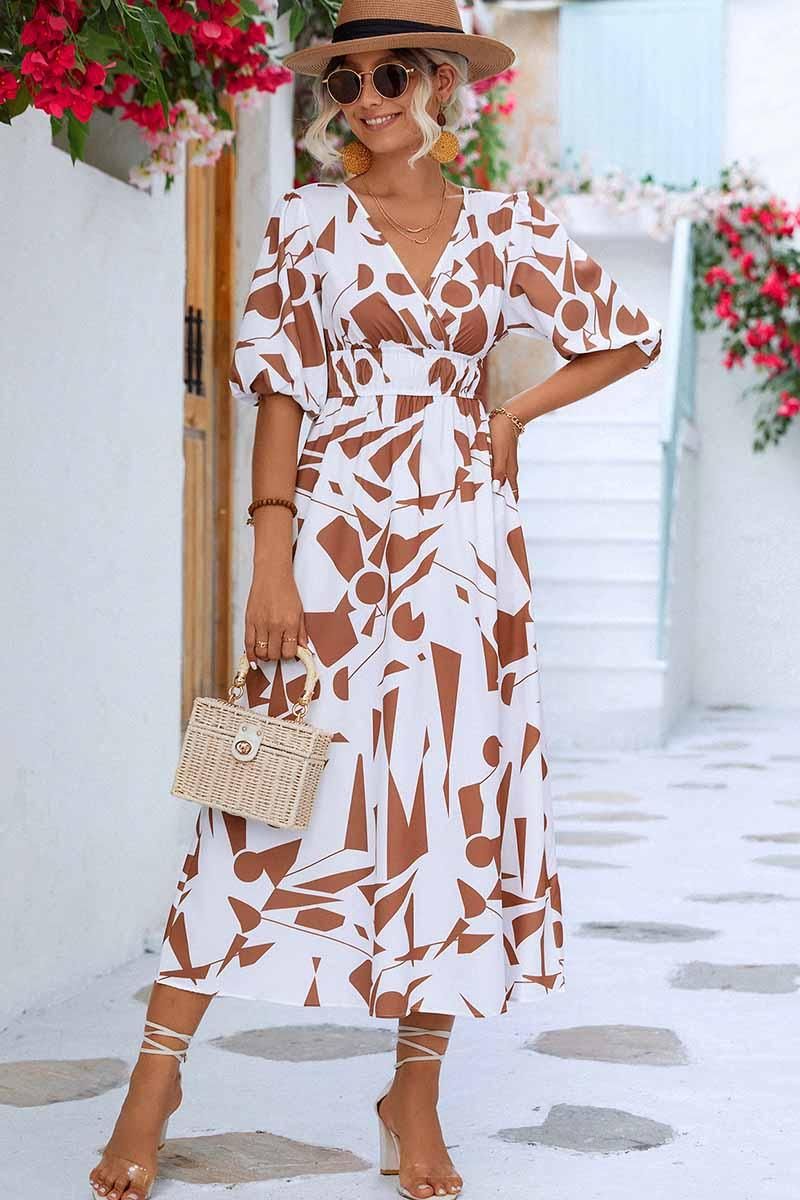 SHAPE PATTERN V NECK TIGHTEN WAIST PUFF DRESS - Doublju