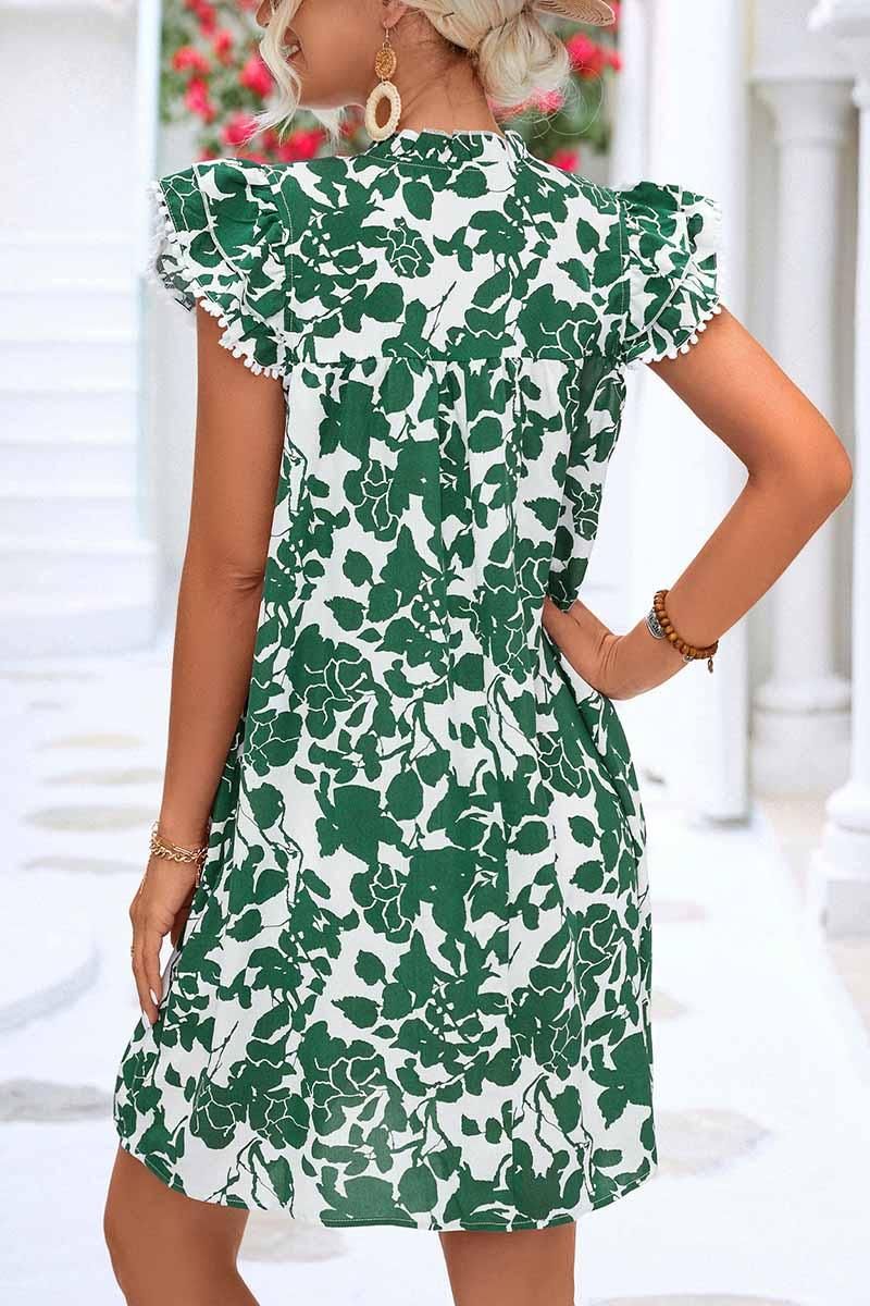 NATURE PATTERN TIED NECK LEAF SLEEVE SHORT DRESS - Doublju