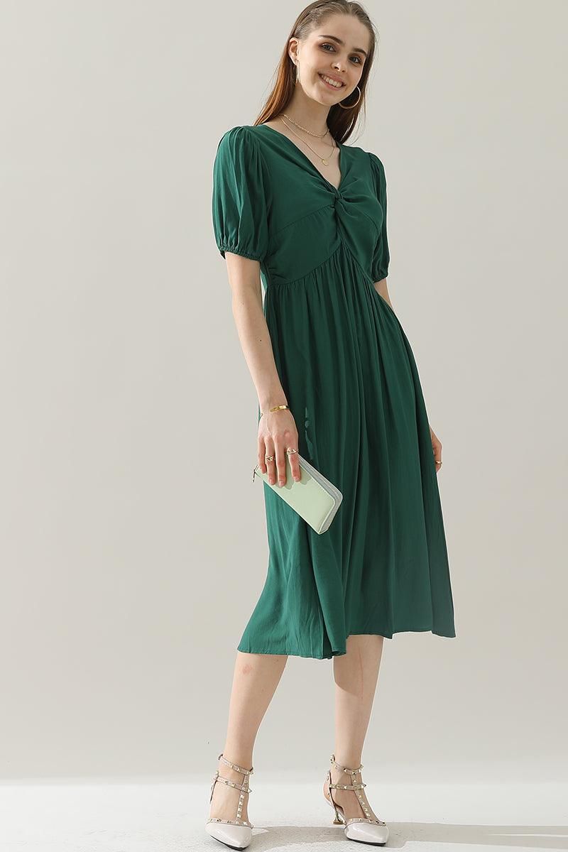 KINK V NECK BALLOON SLEEVE RUFFLED MIDI DRESS - Doublju