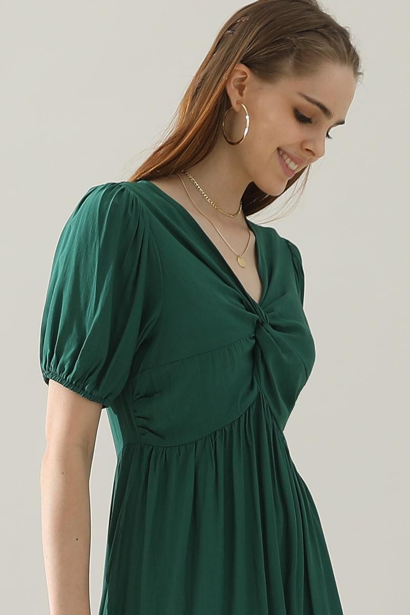 KINK V NECK BALLOON SLEEVE RUFFLED MIDI DRESS - Doublju