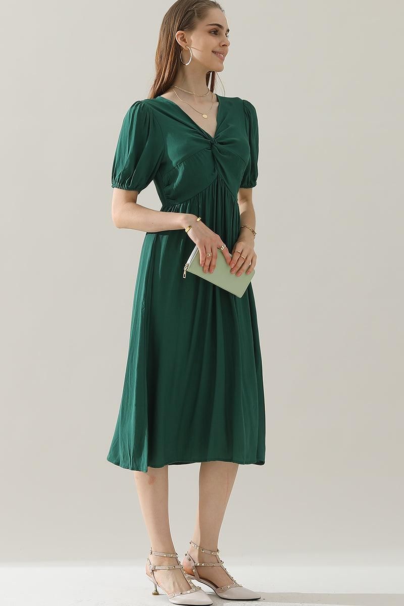 KINK V NECK BALLOON SLEEVE RUFFLED MIDI DRESS - Doublju