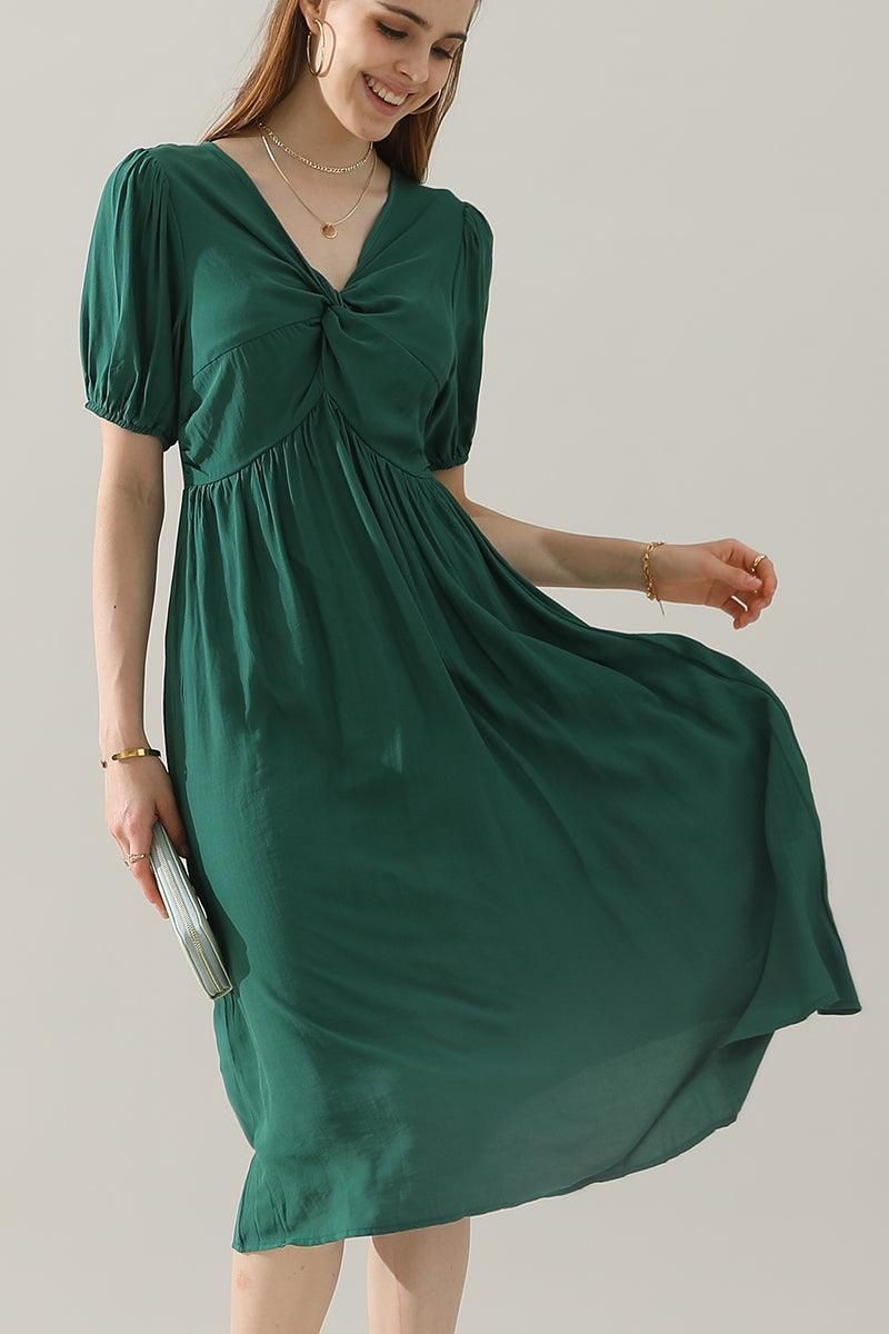 KINK V NECK BALLOON SLEEVE RUFFLED MIDI DRESS - Doublju