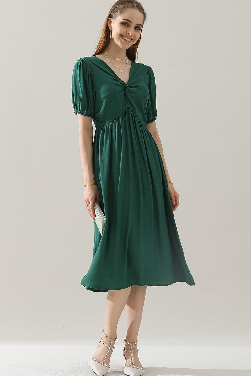 KINK V NECK BALLOON SLEEVE RUFFLED MIDI DRESS - Doublju