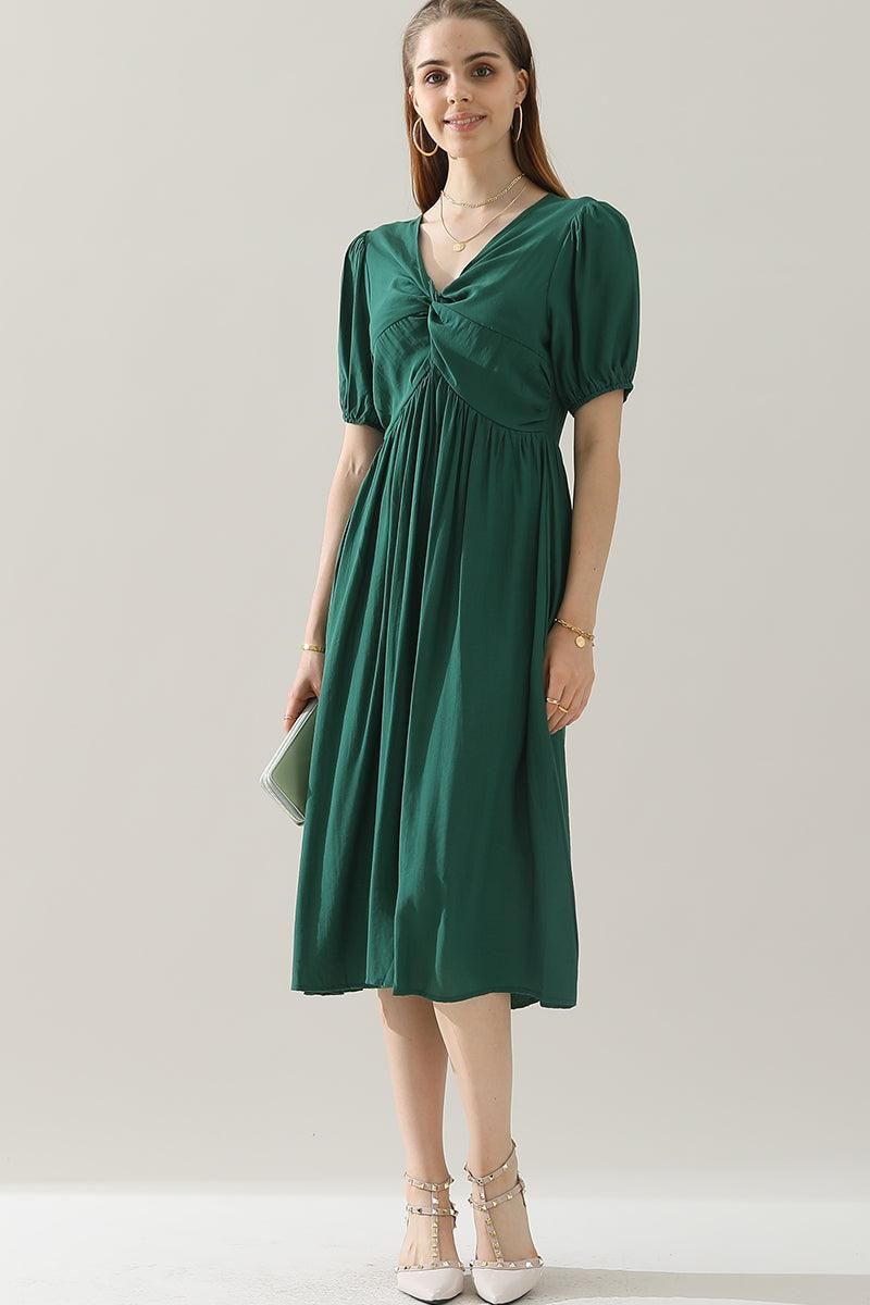 KINK V NECK BALLOON SLEEVE RUFFLED MIDI DRESS - Doublju