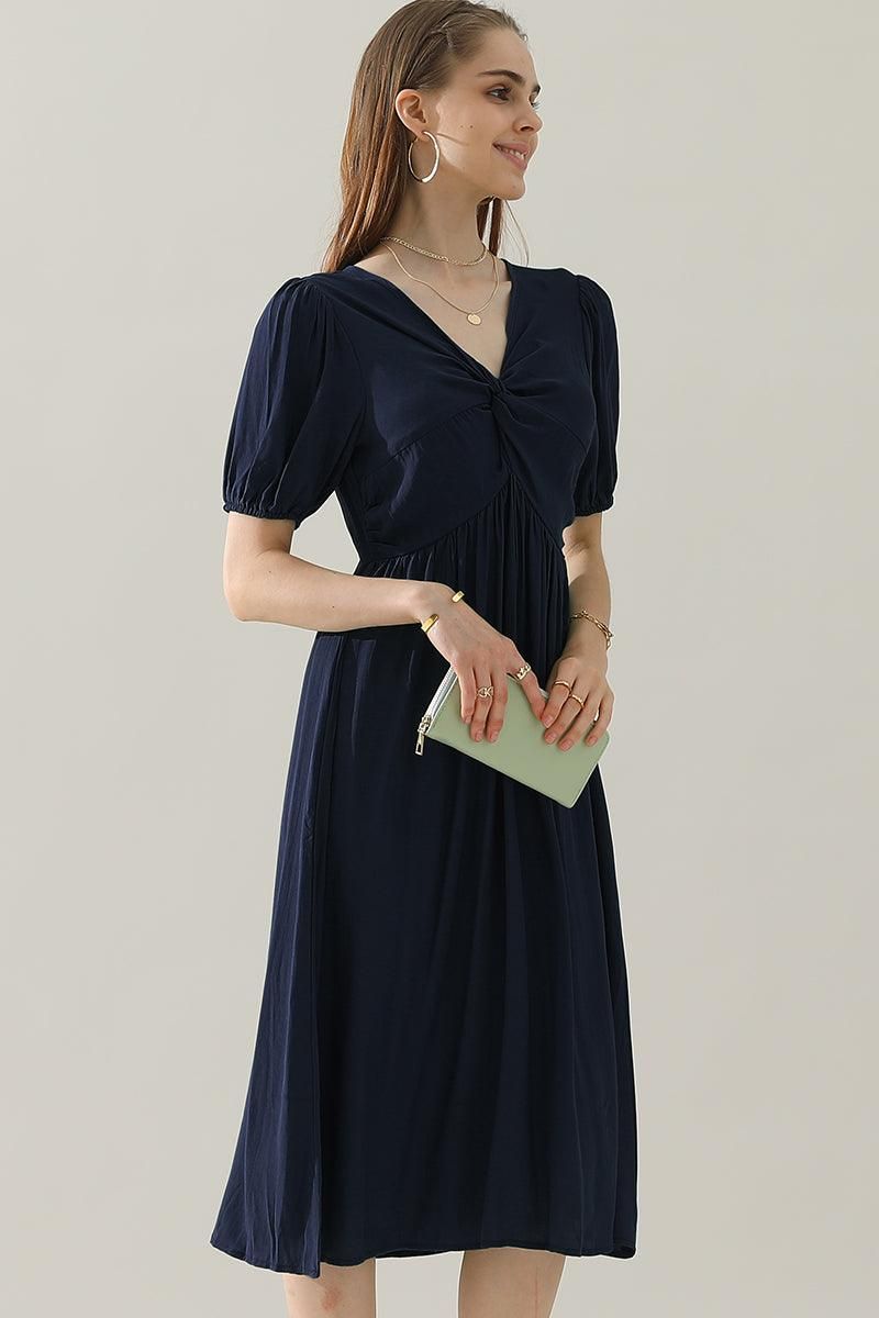 KINK V NECK BALLOON SLEEVE RUFFLED MIDI DRESS - Doublju