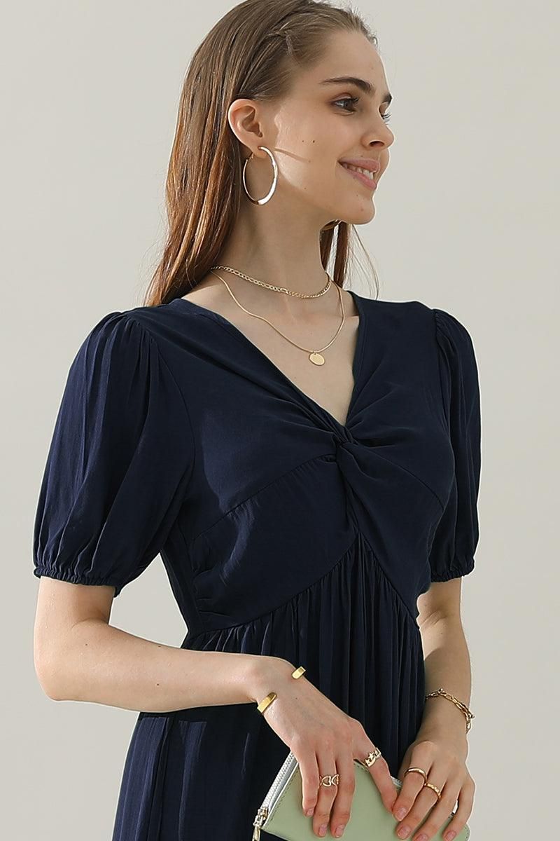 KINK V NECK BALLOON SLEEVE RUFFLED MIDI DRESS - Doublju