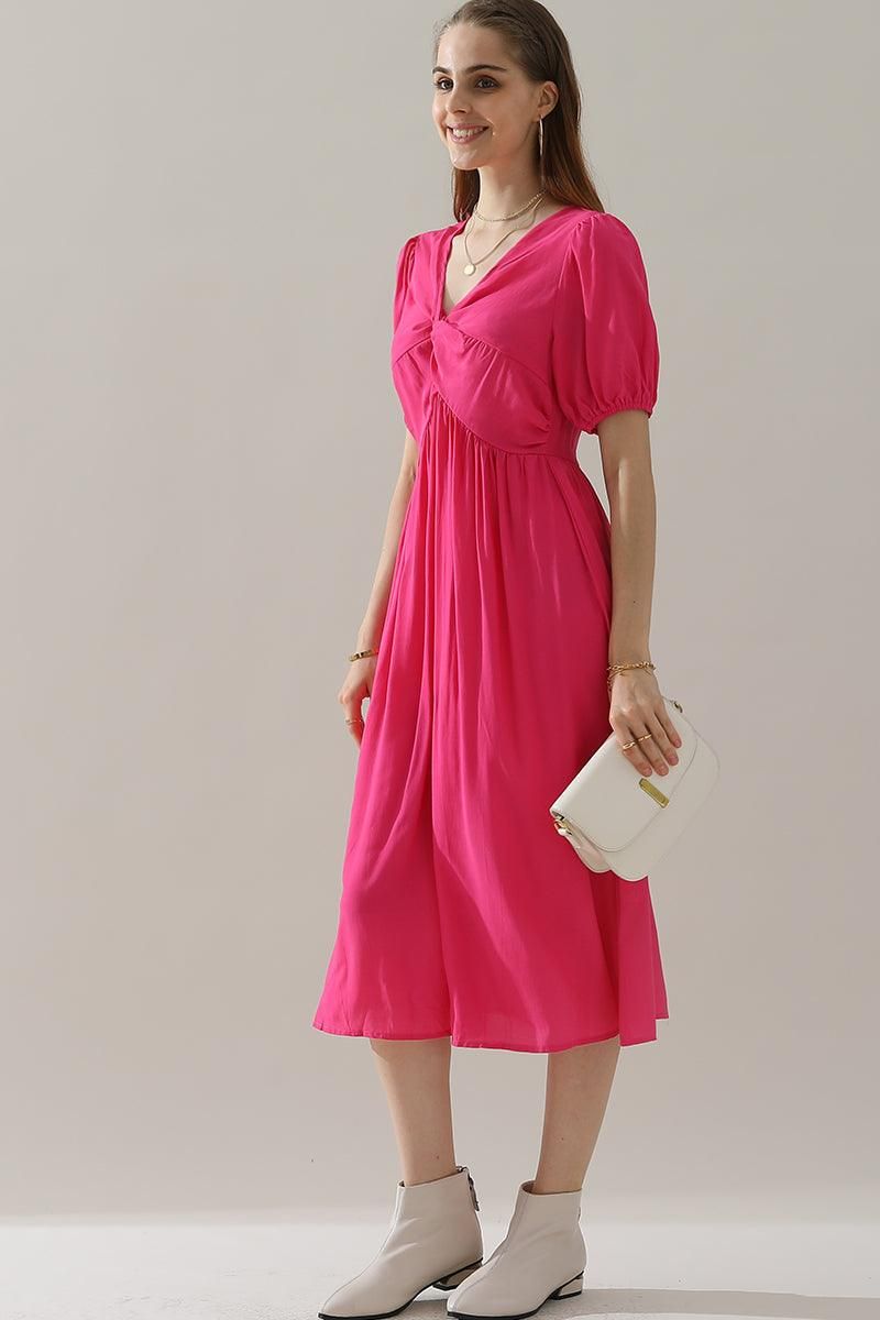 KINK V NECK BALLOON SLEEVE RUFFLED MIDI DRESS - Doublju