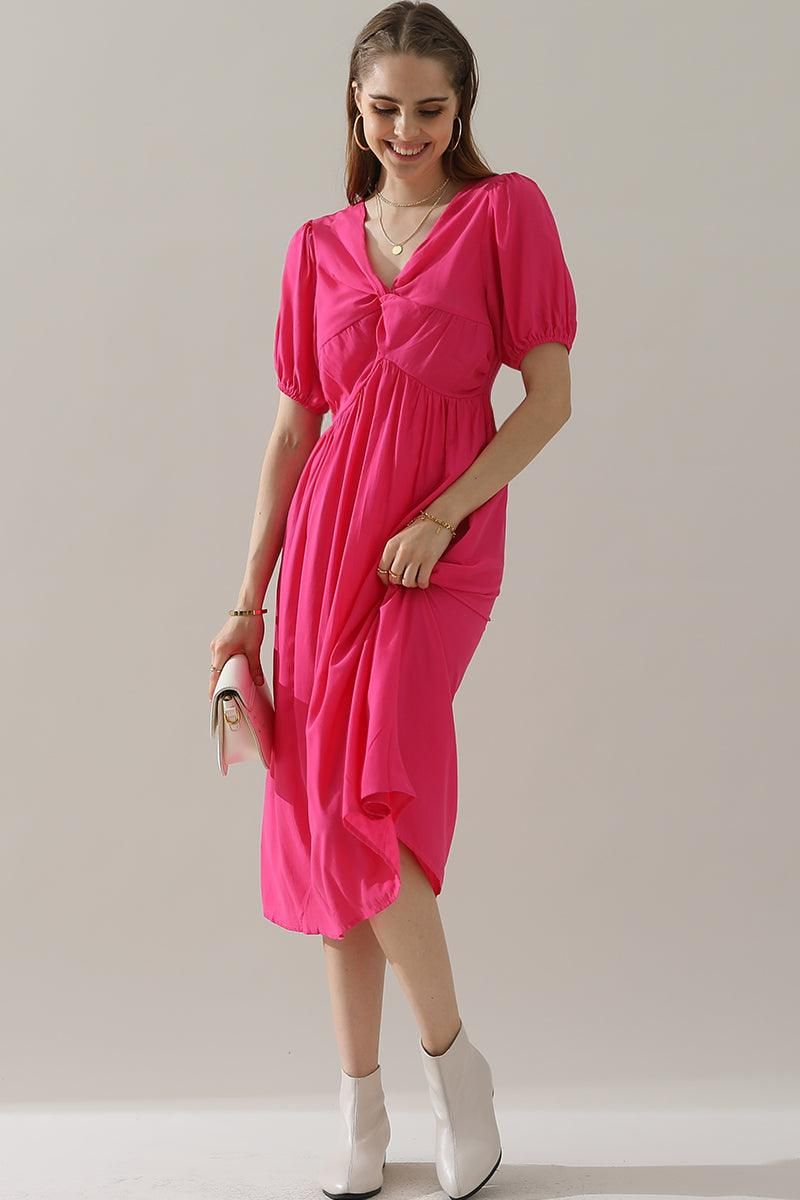 KINK V NECK BALLOON SLEEVE RUFFLED MIDI DRESS - Doublju