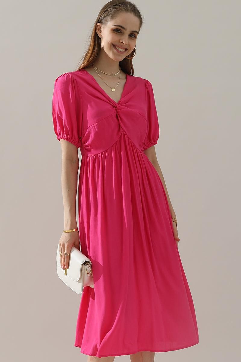 KINK V NECK BALLOON SLEEVE RUFFLED MIDI DRESS - Doublju