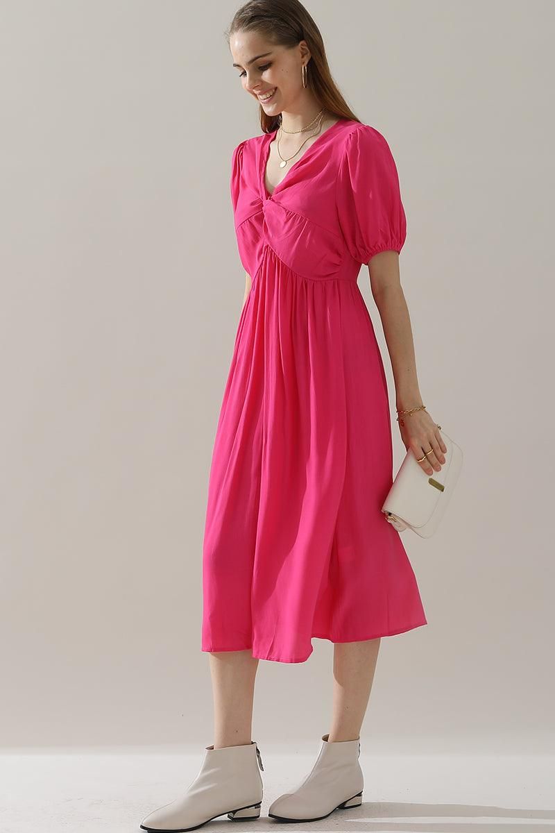 KINK V NECK BALLOON SLEEVE RUFFLED MIDI DRESS - Doublju