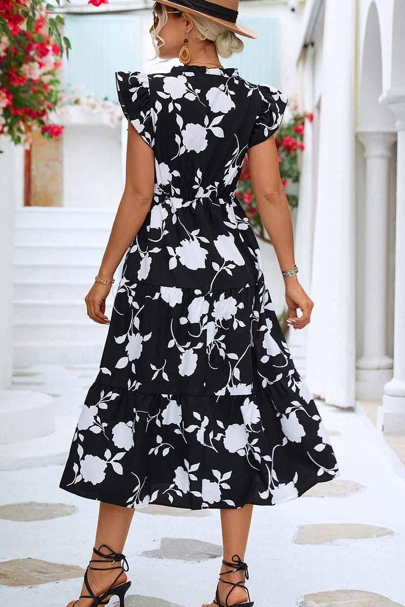 FLORAL LACE ANGEL WING SLEEVE MIDI RUFFLE DRESS - Doublju