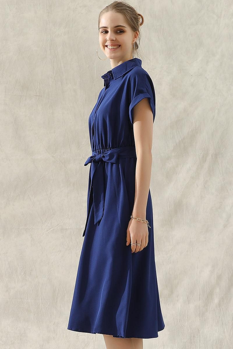ROLL UP SLEEVE TIED WAIST FLARE SHIRTS DRESS - Doublju