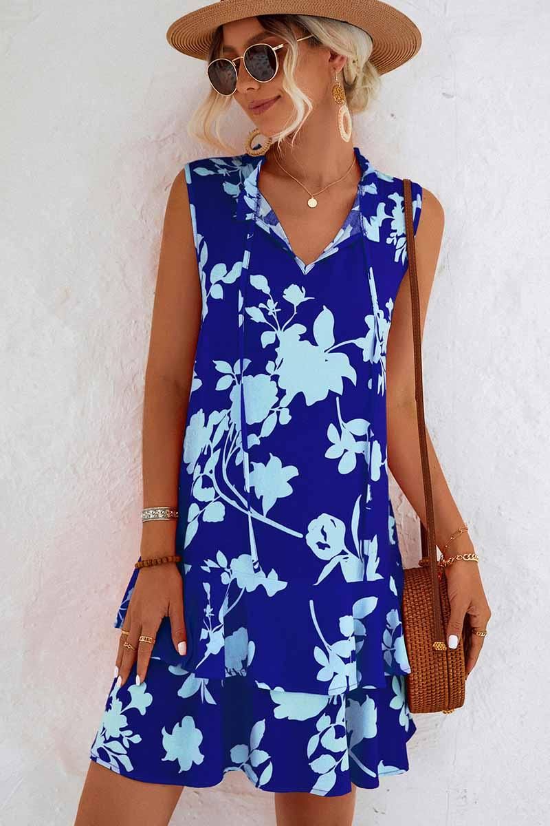 NATURE PATTERN TIED NECK SHORT RUFFLED DRESS - Doublju