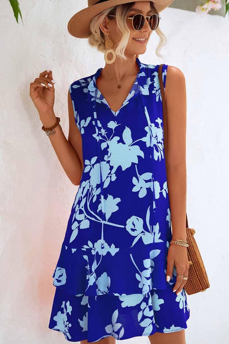 NATURE PATTERN TIED NECK SHORT RUFFLED DRESS - Doublju
