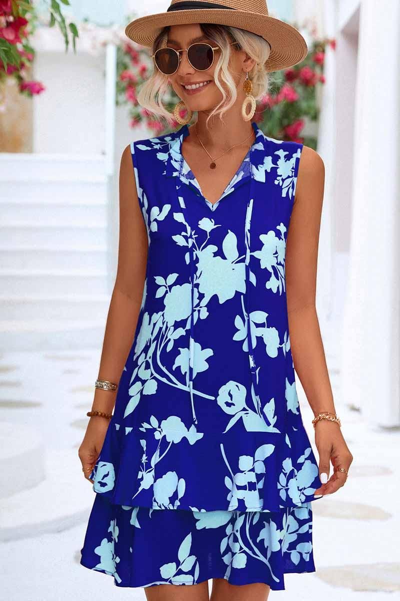 NATURE PATTERN TIED NECK SHORT RUFFLED DRESS - Doublju