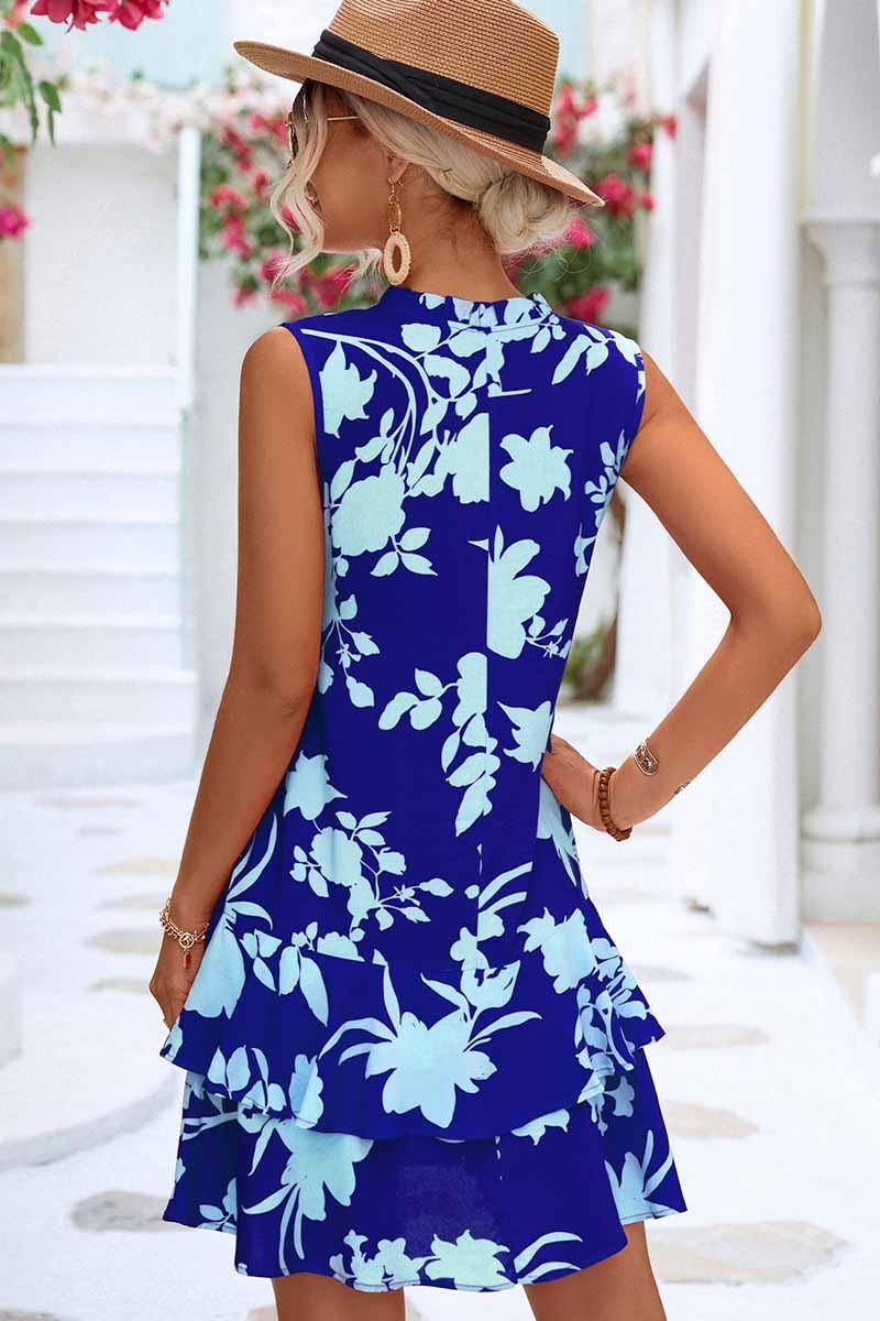 NATURE PATTERN TIED NECK SHORT RUFFLED DRESS - Doublju