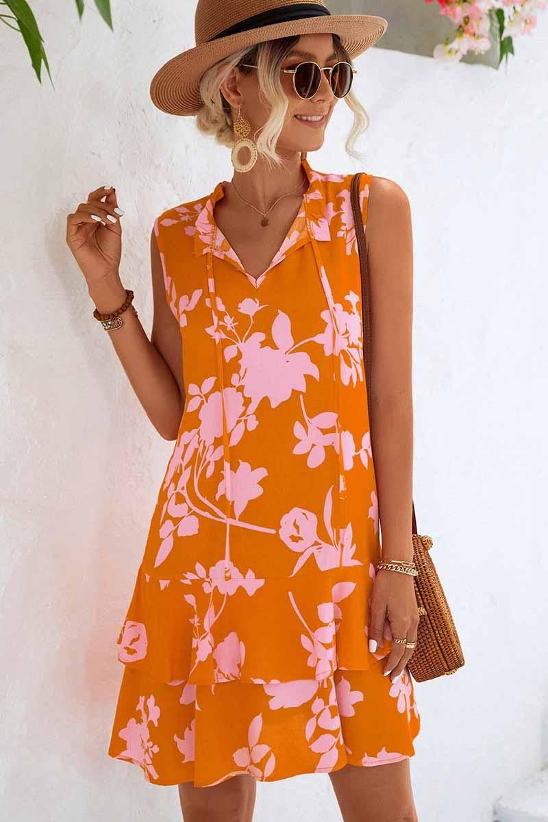 NATURE PATTERN TIED NECK SHORT RUFFLED DRESS - Doublju