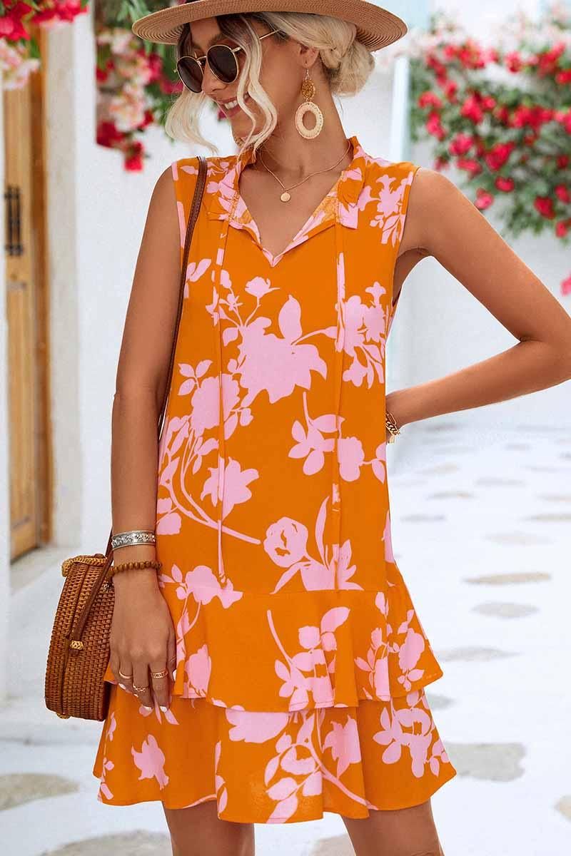 NATURE PATTERN TIED NECK SHORT RUFFLED DRESS - Doublju