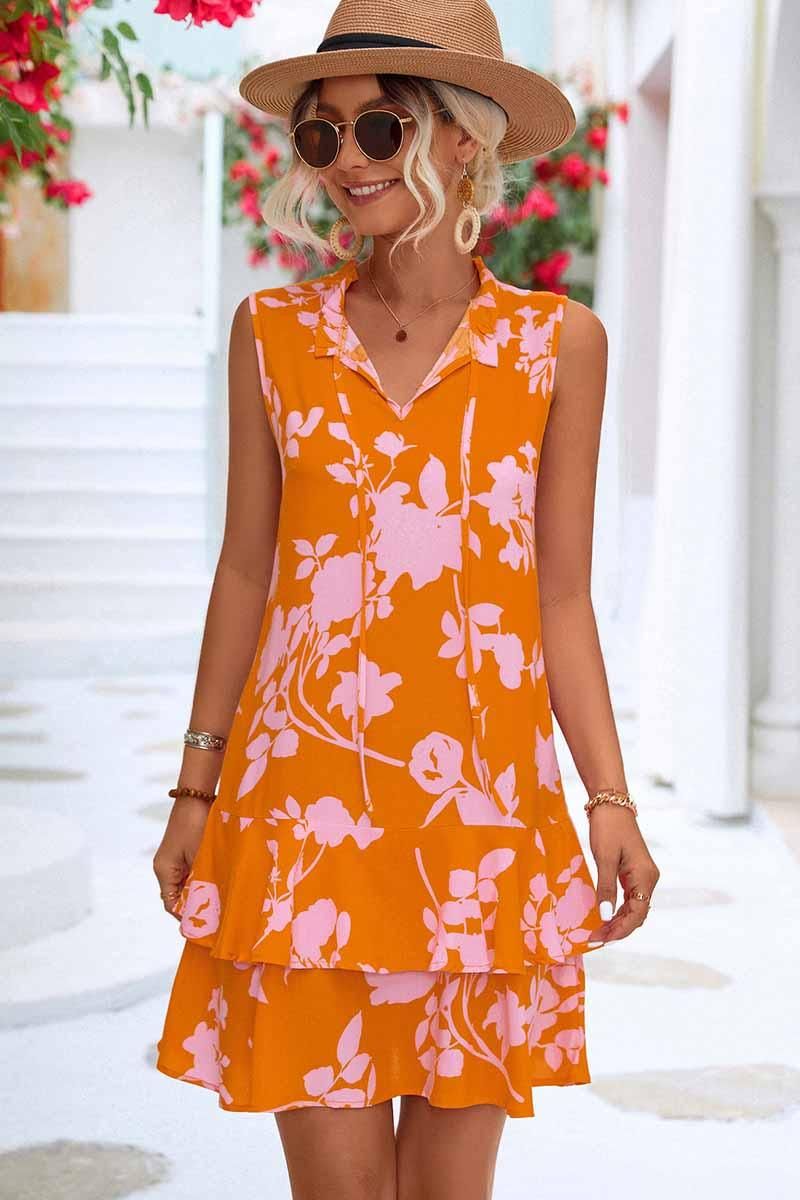 NATURE PATTERN TIED NECK SHORT RUFFLED DRESS - Doublju