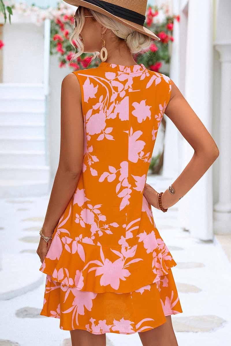 NATURE PATTERN TIED NECK SHORT RUFFLED DRESS - Doublju