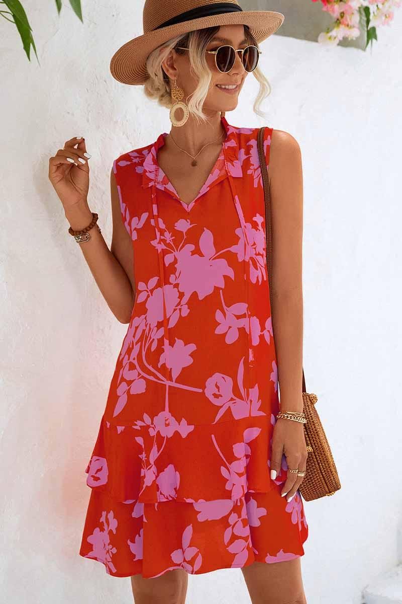 NATURE PATTERN TIED NECK SHORT RUFFLED DRESS - Doublju