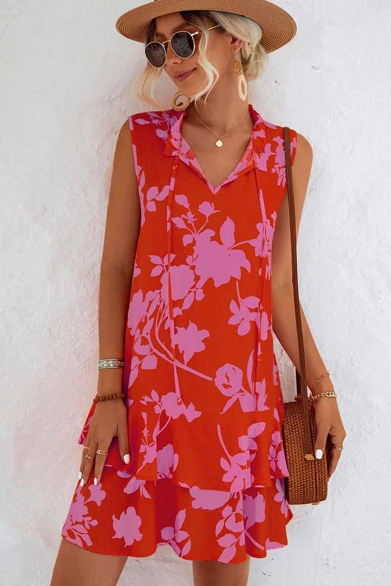 NATURE PATTERN TIED NECK SHORT RUFFLED DRESS - Doublju