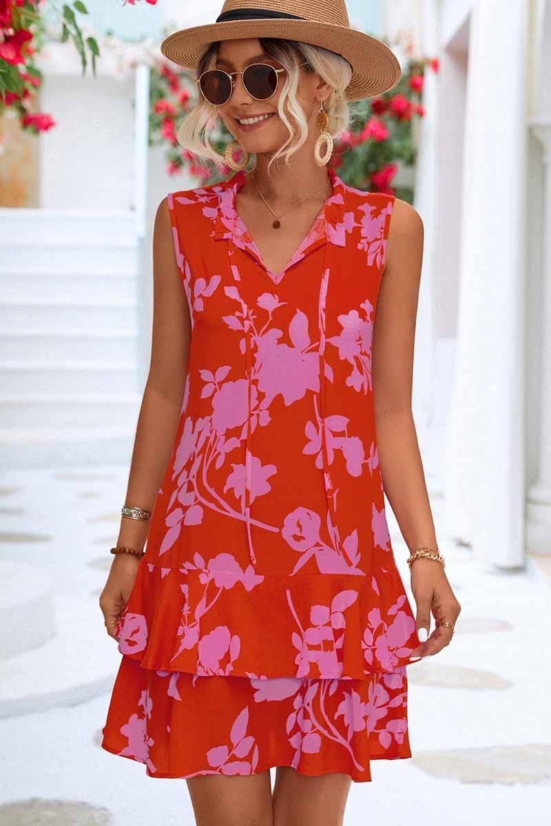 NATURE PATTERN TIED NECK SHORT RUFFLED DRESS - Doublju