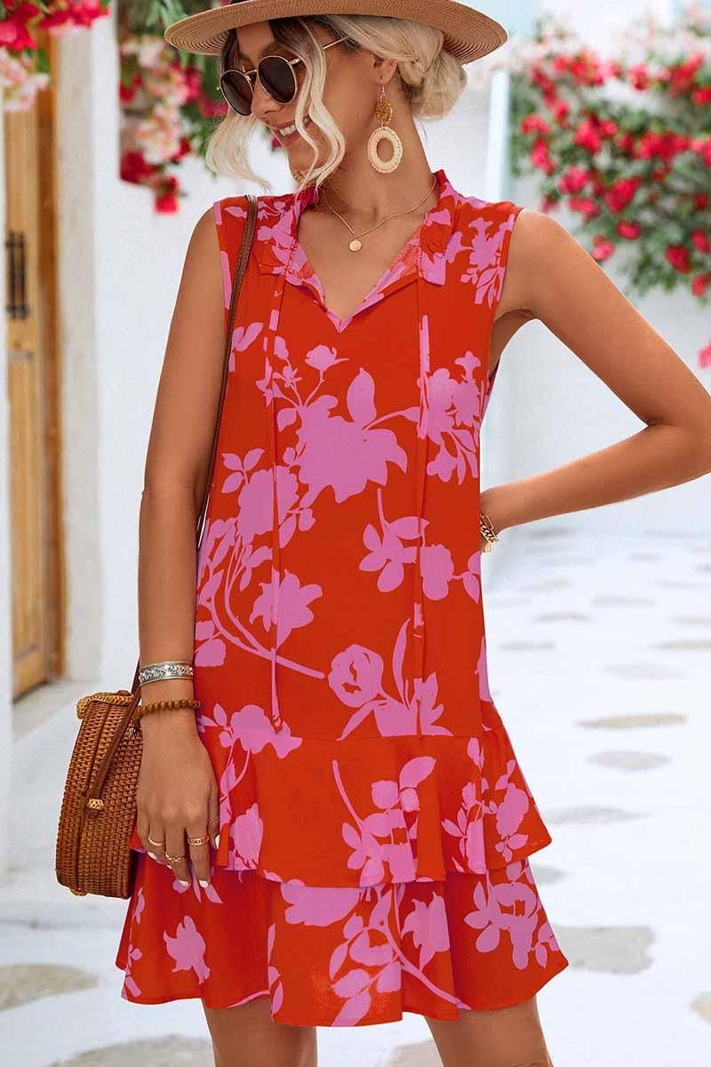 NATURE PATTERN TIED NECK SHORT RUFFLED DRESS - Doublju