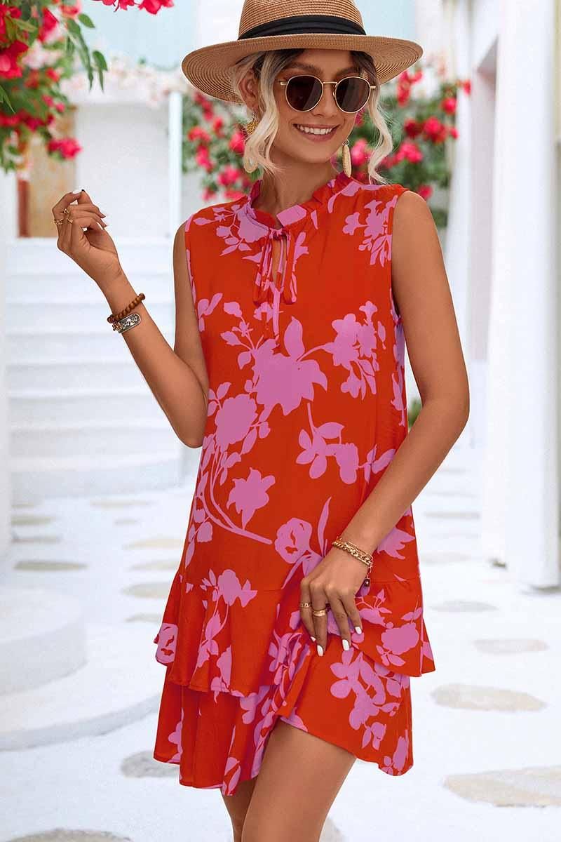 NATURE PATTERN TIED NECK SHORT RUFFLED DRESS - Doublju