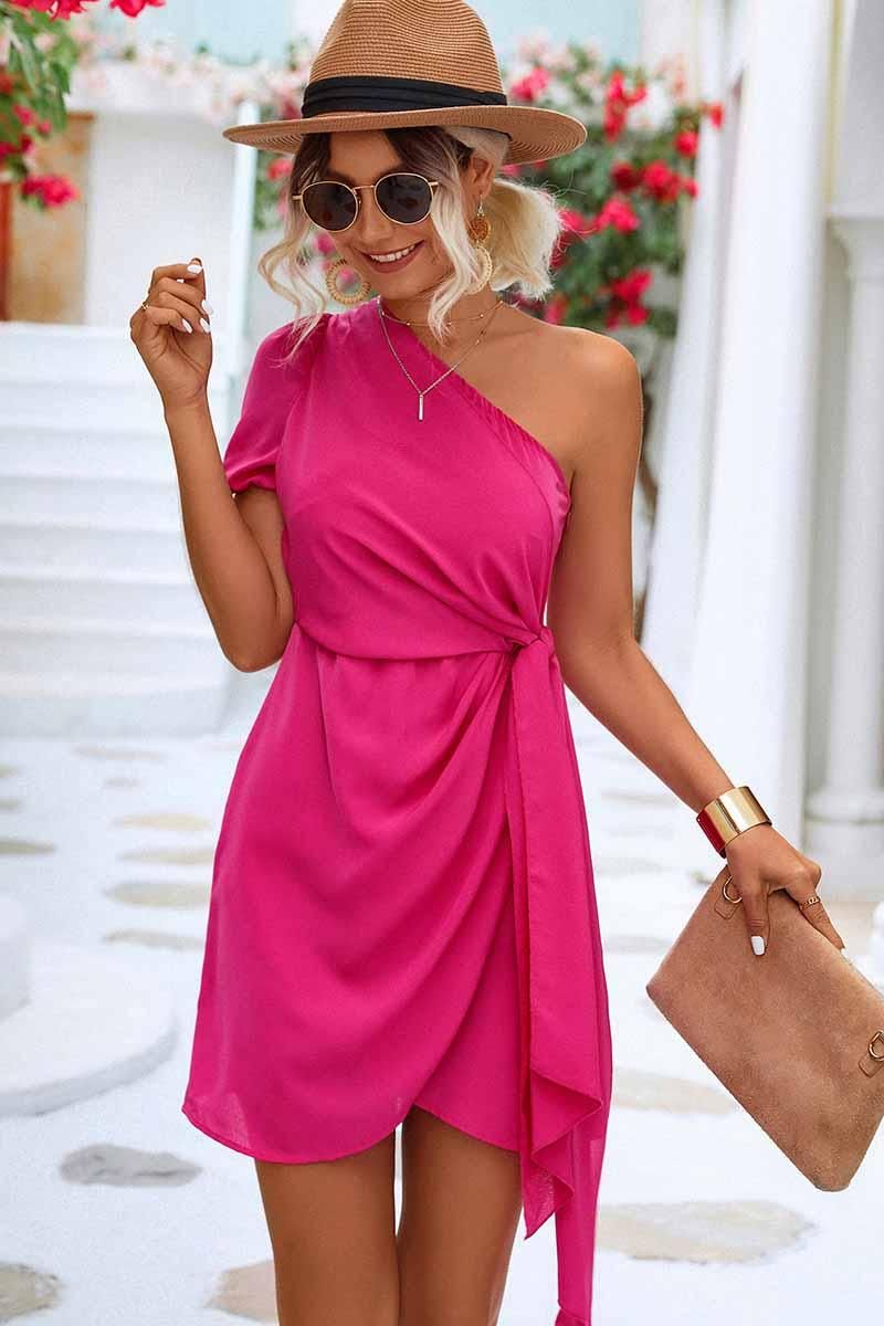 ONE PUFF SHOULDER SIDE STRAP TULIP SKIRT DRESS - Doublju