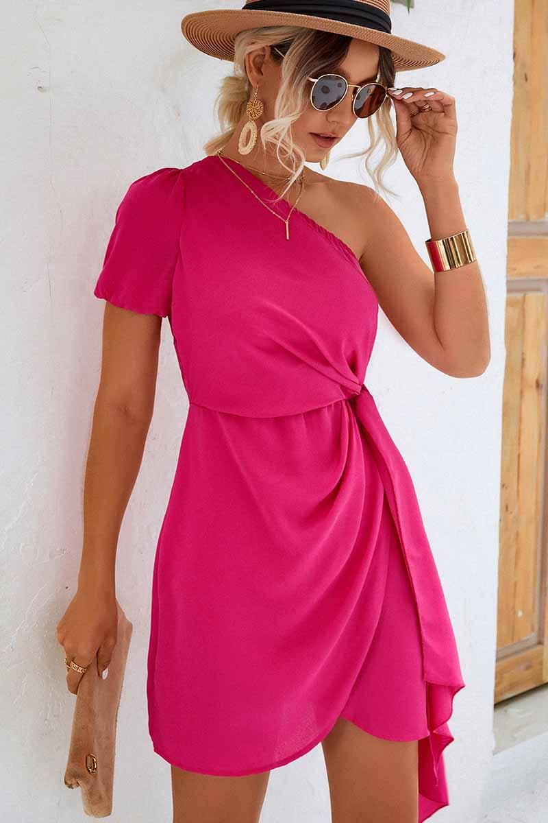 ONE PUFF SHOULDER SIDE STRAP TULIP SKIRT DRESS - Doublju