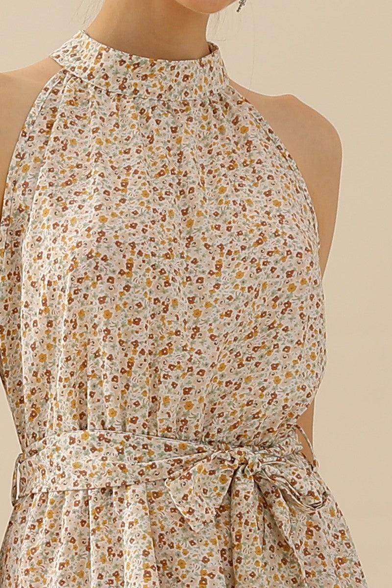 FLORAL HALTER NECK TIED WAIST RUFFLED SHORT DRESS - Doublju