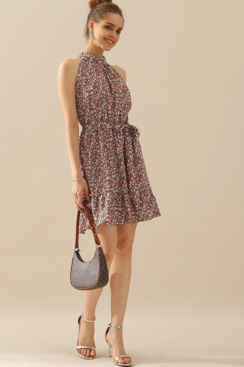 FLORAL HALTER NECK TIED WAIST RUFFLED SHORT DRESS - Doublju