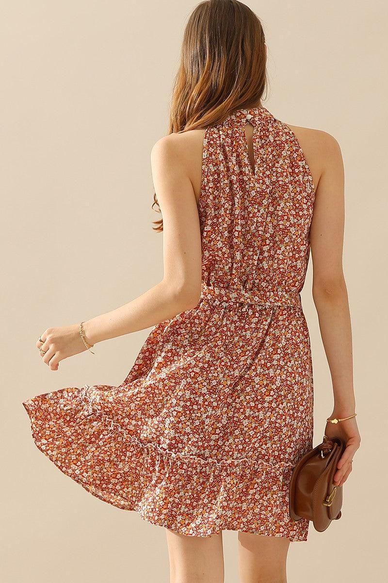 FLORAL HALTER NECK TIED WAIST RUFFLED SHORT DRESS - Doublju