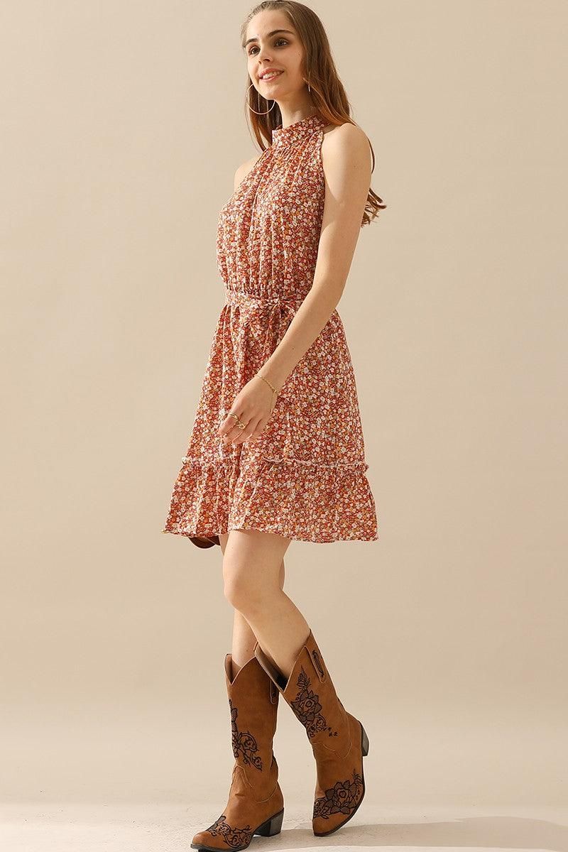 FLORAL HALTER NECK TIED WAIST RUFFLED SHORT DRESS - Doublju