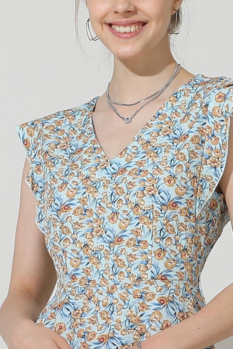 FLORAL ANGEL WINGS TIED WAIST RUFFLED MINI DRESS - Doublju