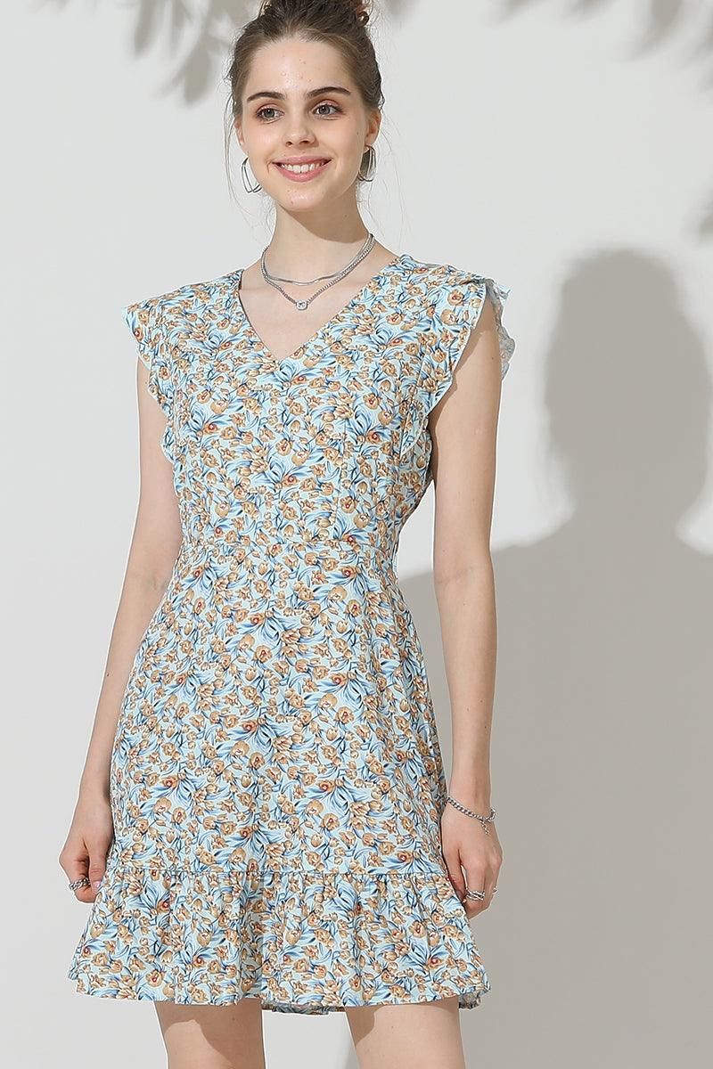 FLORAL ANGEL WINGS TIED WAIST RUFFLED MINI DRESS - Doublju