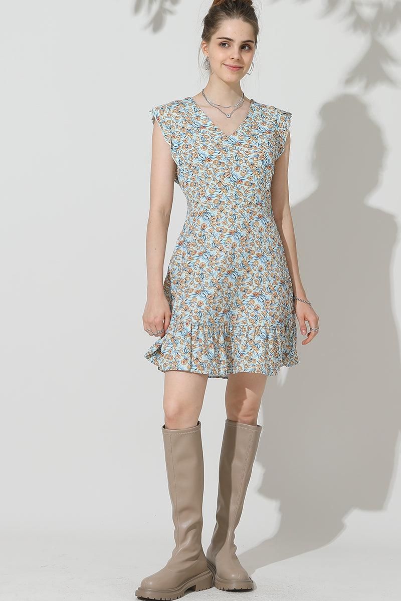 FLORAL ANGEL WINGS TIED WAIST RUFFLED MINI DRESS - Doublju